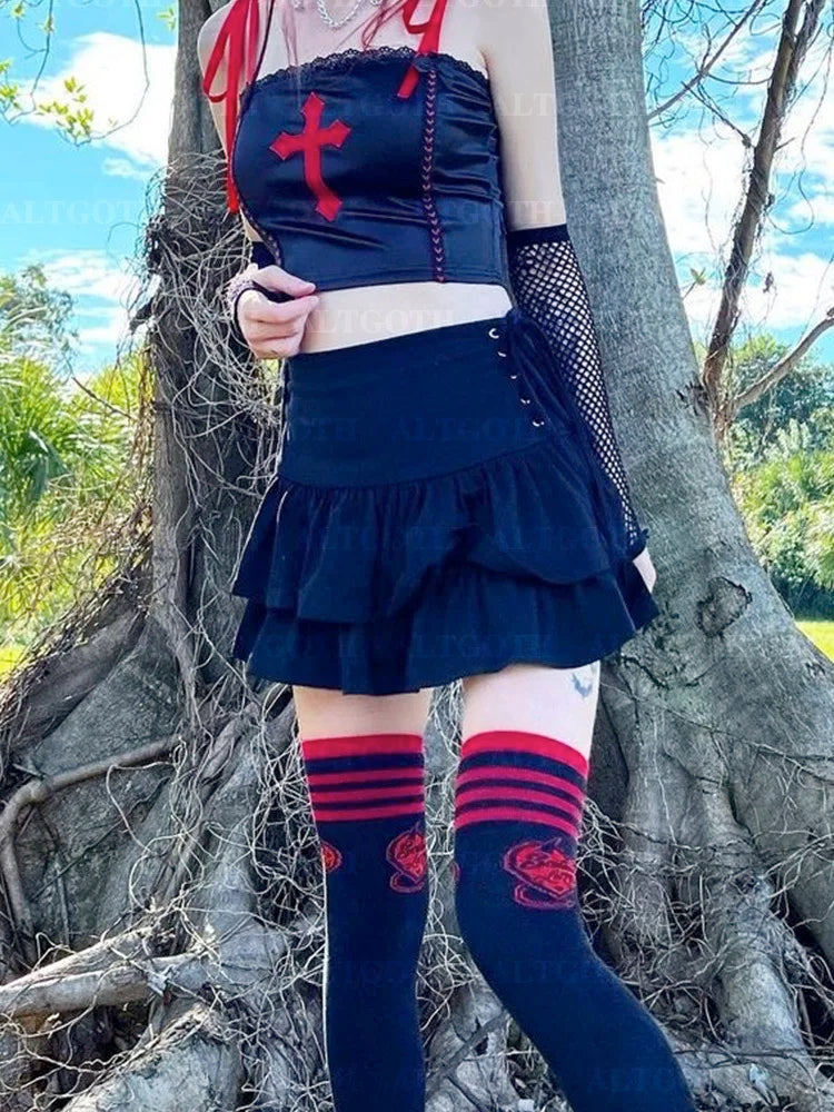AltGoth Y2k Gothic Cake Skirt Women Dark Punk Streetwear Bandage High