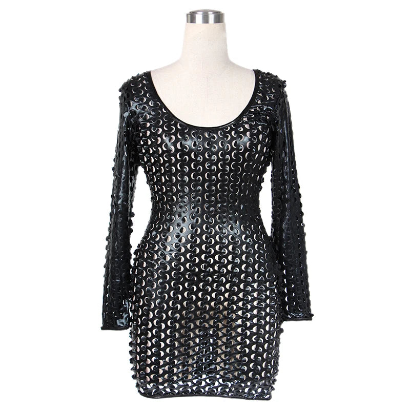 Gothic Vinyl Leather Dress Fashion Women Faux Leather Full Holes Long