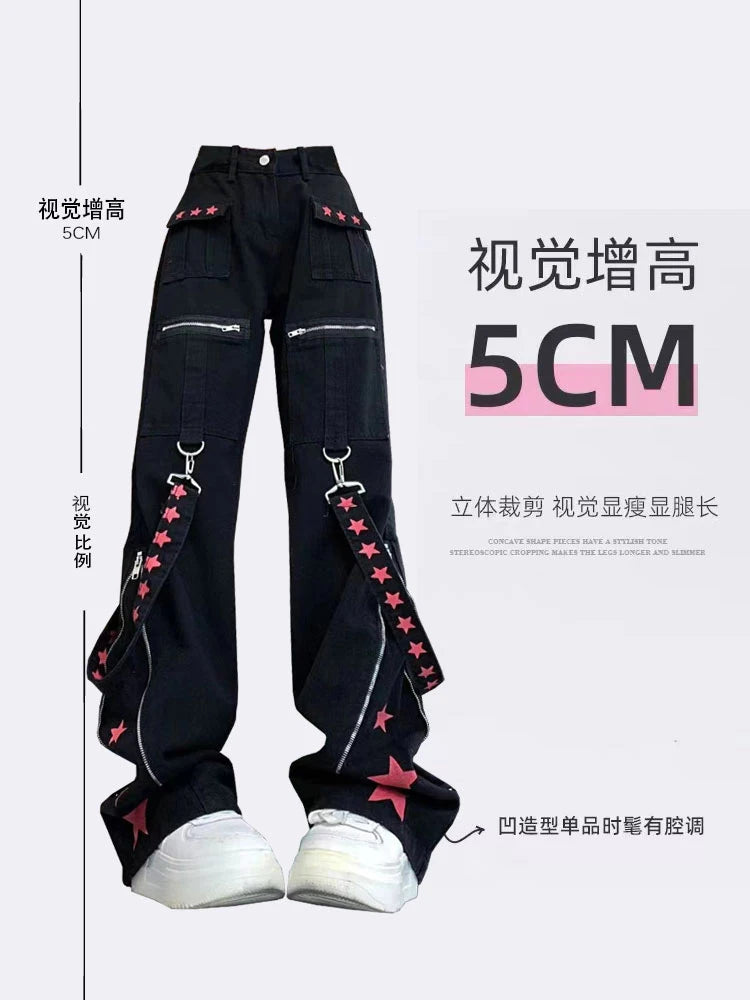 Women Black Gothic Baggy Cargo Jeans Harajuku Vintage Y2k Denim