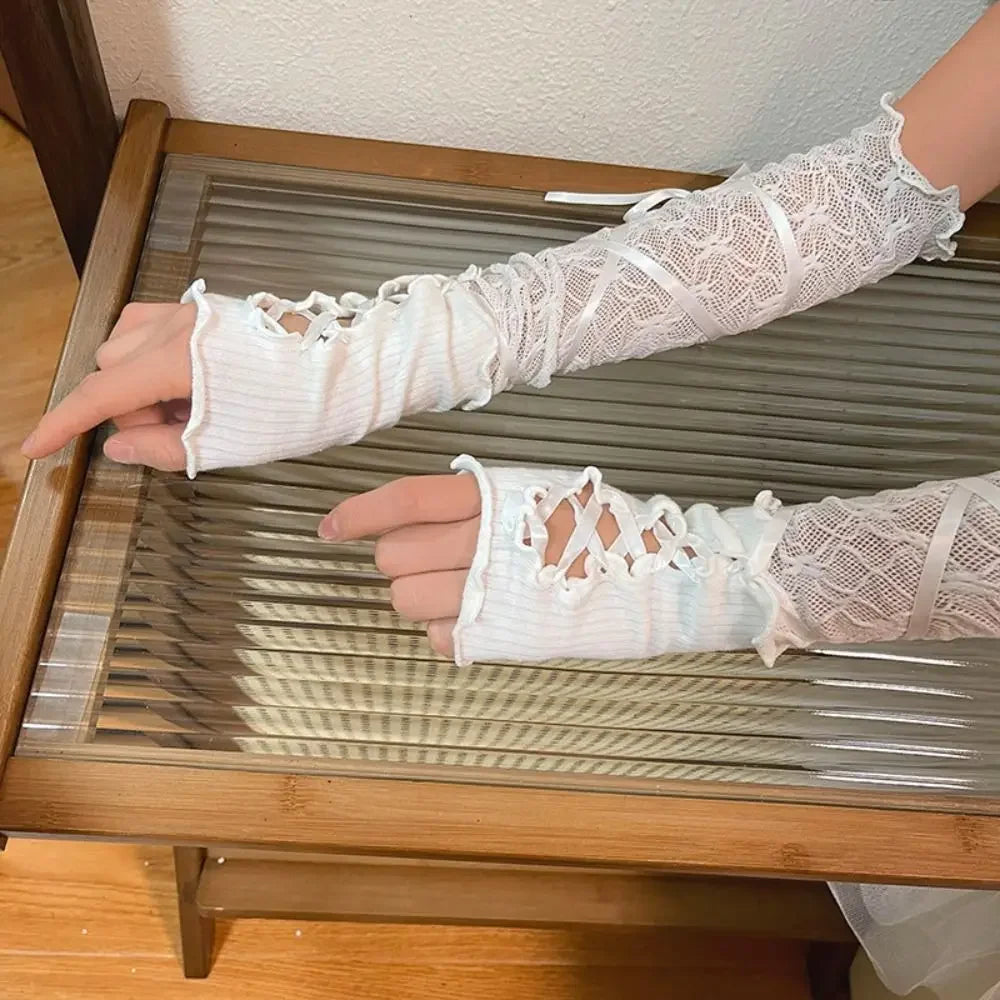Women Lolita Jk Lace Fingerless Gloves Black Gothic DIY Strapping