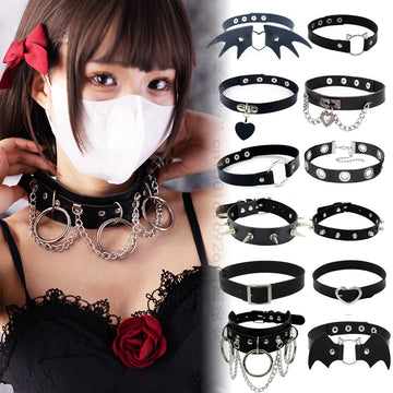 Woman Black Punk Choker Collar Necklace Sexy PU Leather Heart Lock Key