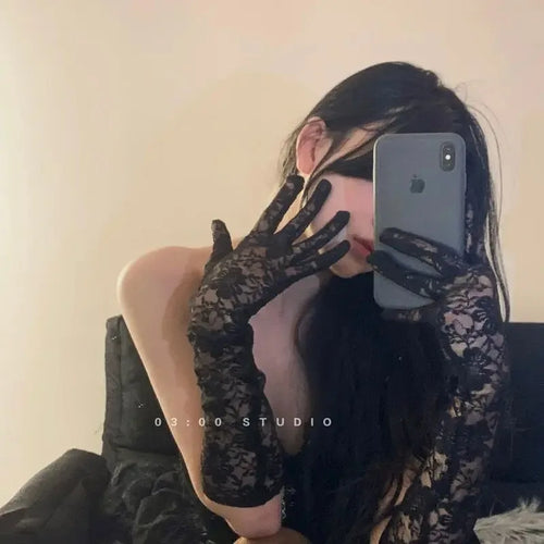 Women Lolita Jk Lace Fingerless Gloves Black Gothic DIY Strapping
