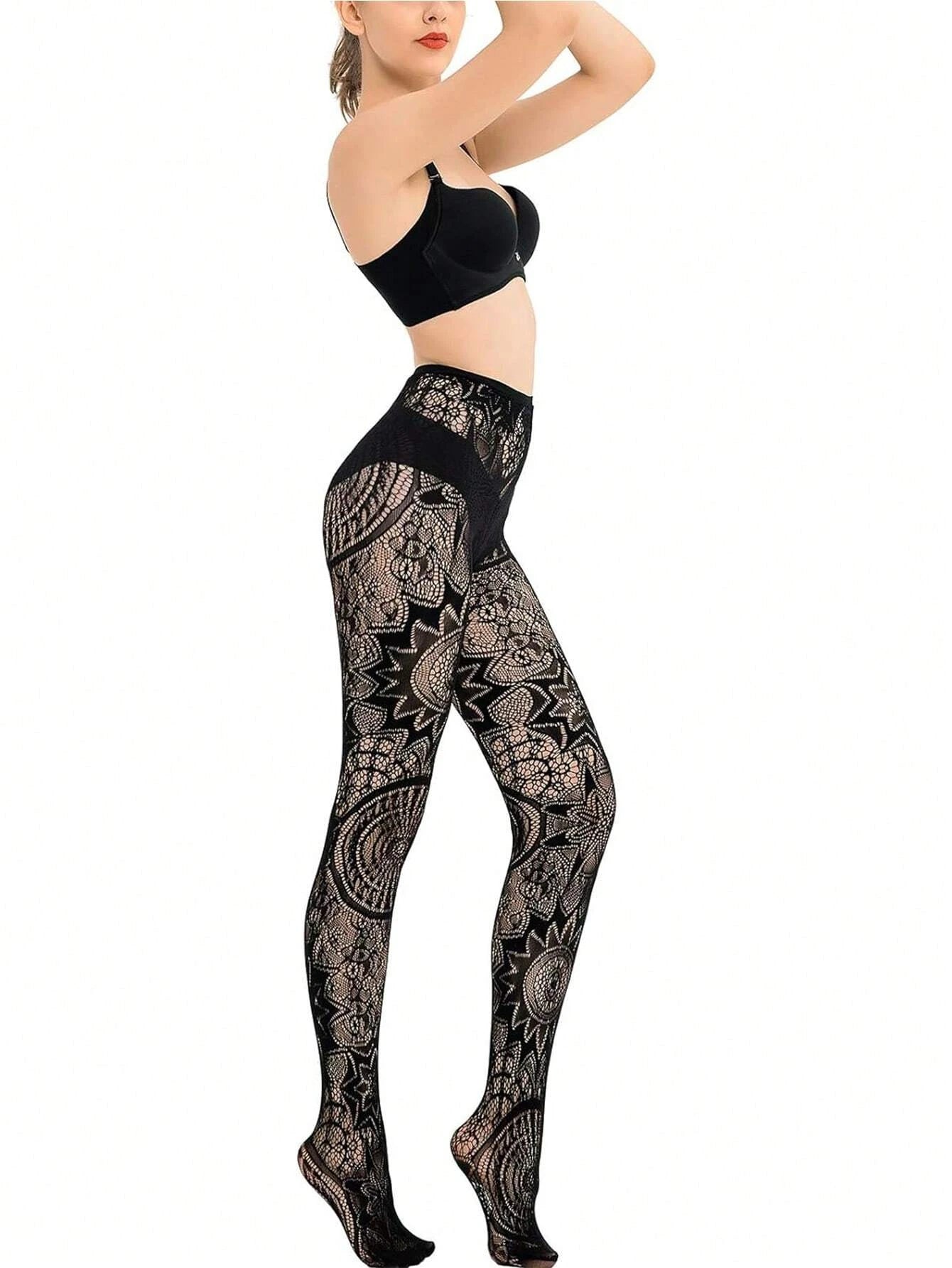 Black Sexy Girls Fishnet Stockings Lace Stockings Jacquard Lace Hollow
