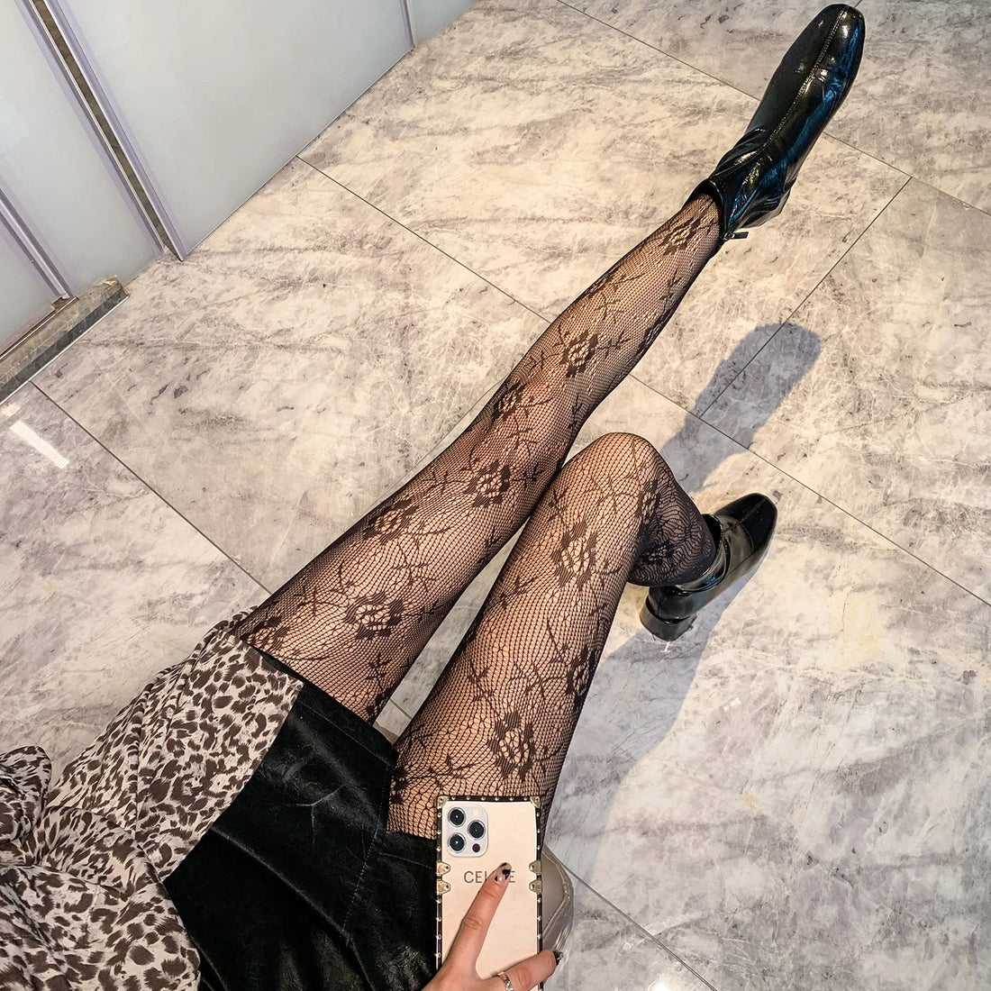 Y2k Fashion Gothic Flower Hollow Out Sexy Pantyhose Women Fishnet