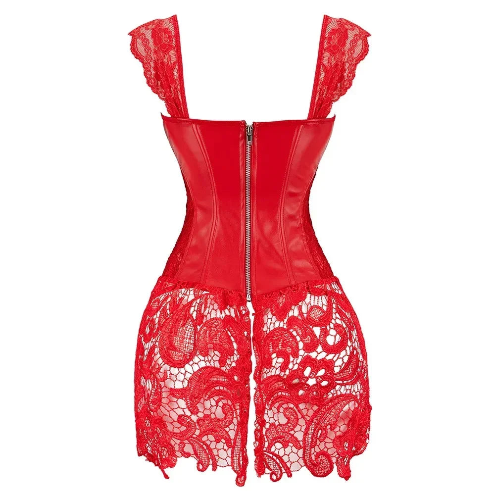 Steampunk Corset Dress Women Gothic Sexy Faux Leather Zipper Bustier