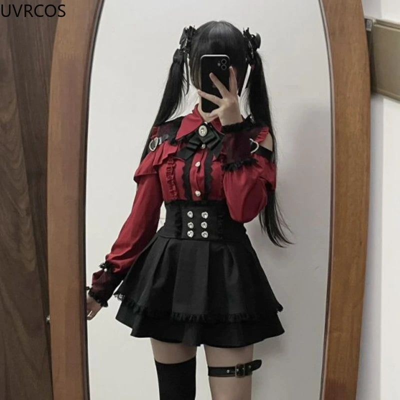2024 Japanese Black Short Skirt Set Gothic Ruffle Mini Skirts Sexy