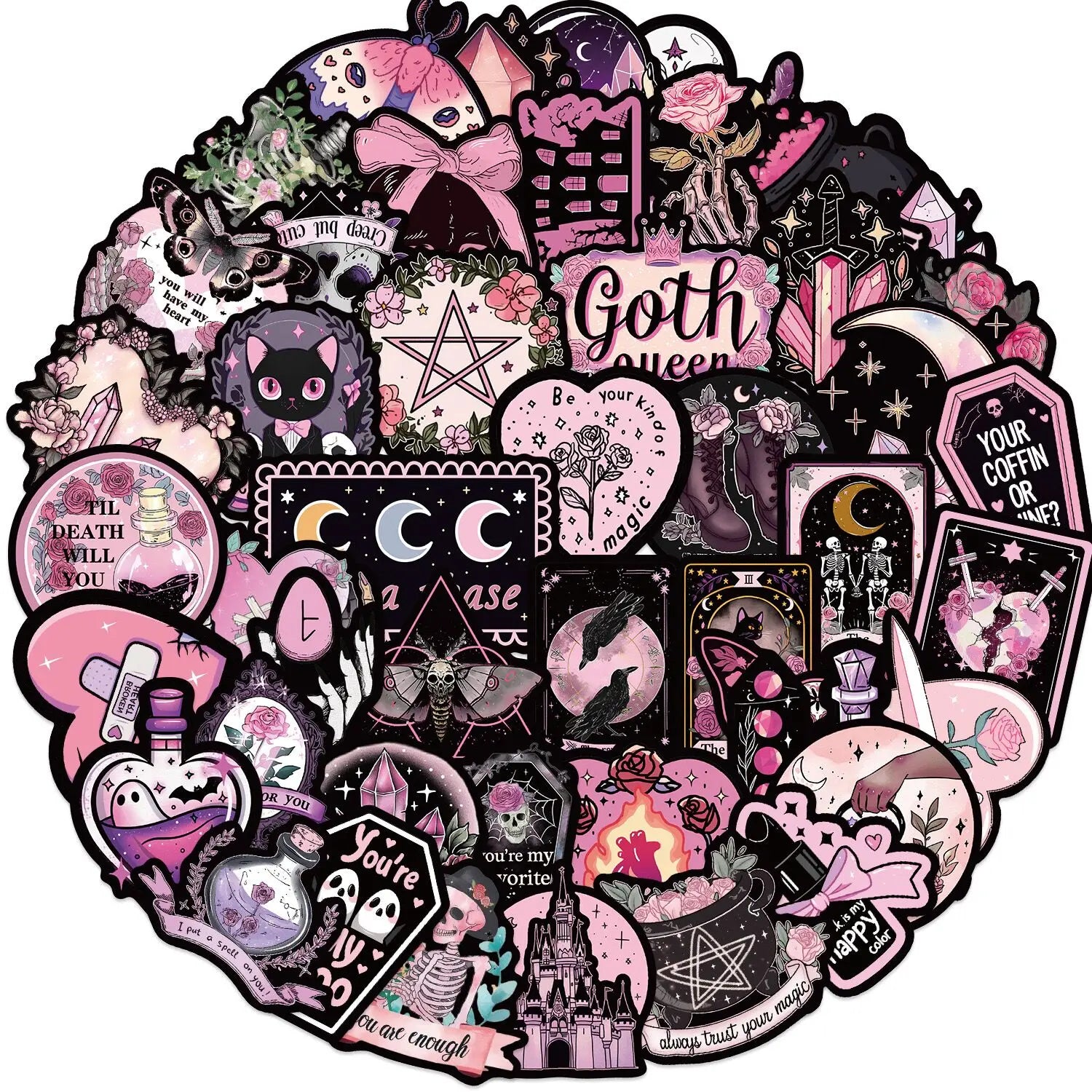 10/50pcs Dark Pink Gothic Magic Horror Skull Stickers Aesthetic Goth