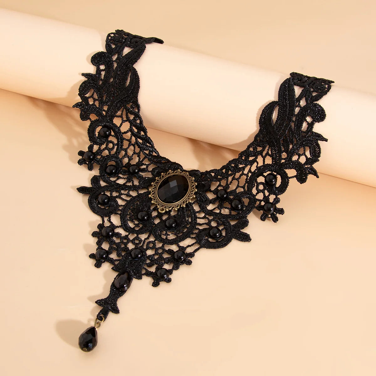 Fashion New Vintage Gem Black Lace Bead Necklace Gothic Steampunk
