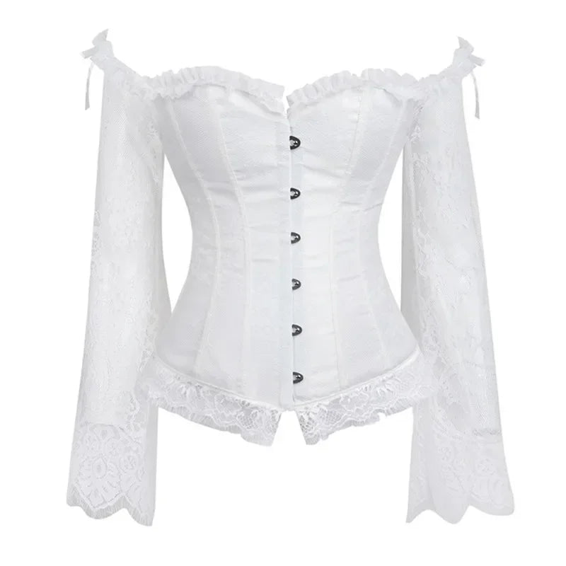 Corset Top Women Sexy Overbust Bustier with Off Shoulder Long Sleeves