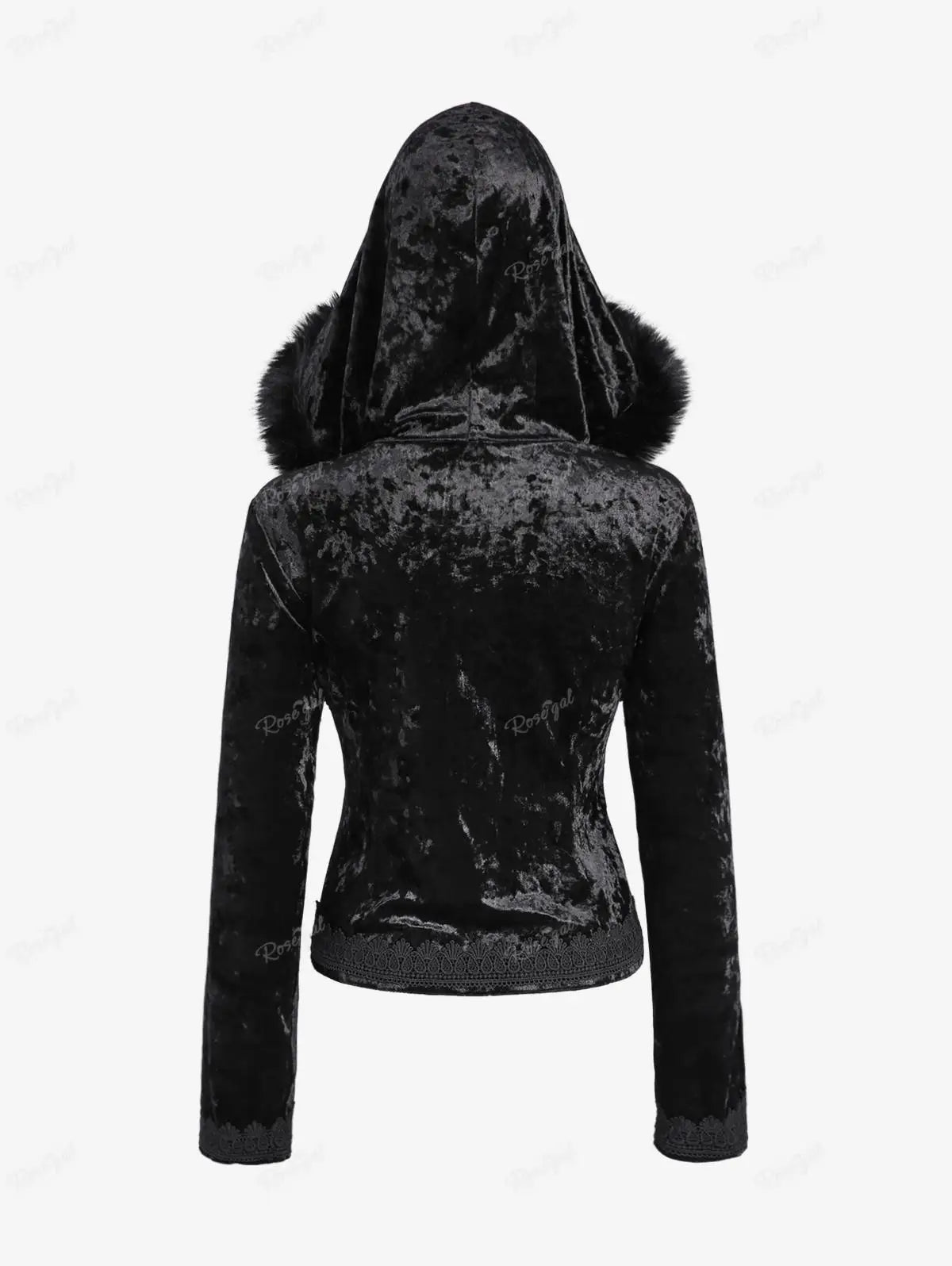 ROSEGAL Plus Size Gothic Fur Coats Black Full Zipper Applique Panel