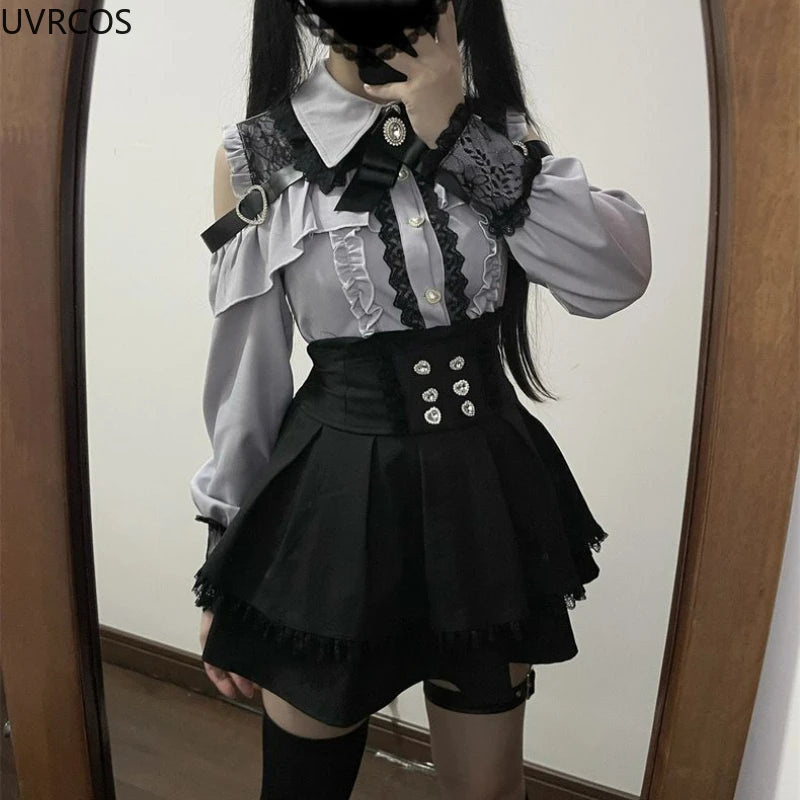 2024 Japanese Black Short Skirt Set Gothic Ruffle Mini Skirts Sexy
