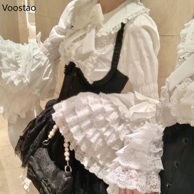 Victorian Vintage Lolita Style Shirts Women Gothic Y2k Bow Lace Ruffle