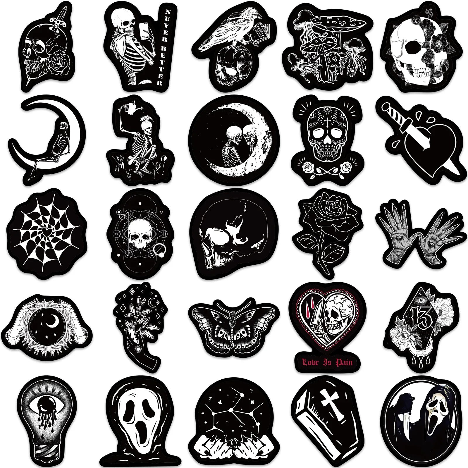 50Pcs Black White Gothic Graffiti Stickers Skull DIY Motorcycle Laptop