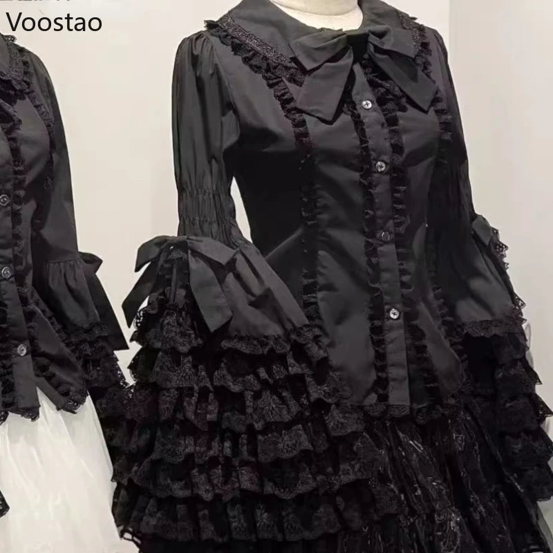 Victorian Vintage Lolita Style Shirts Women Gothic Y2k Bow Lace Ruffle