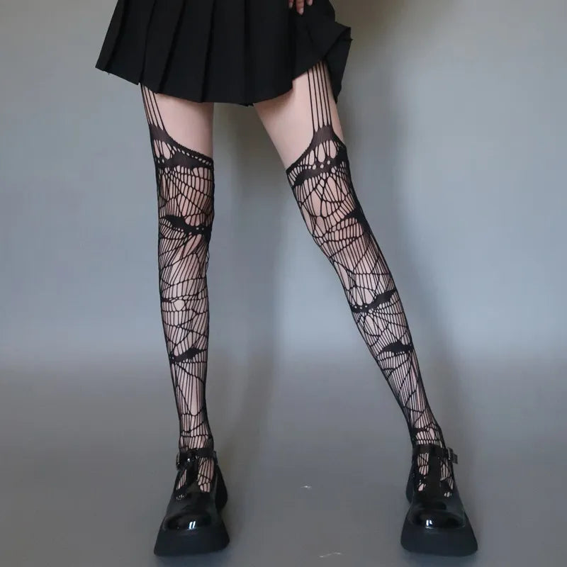 Skull Fishnet Stocking Women's Hollow Garter Bat Gothic Dark Mesh