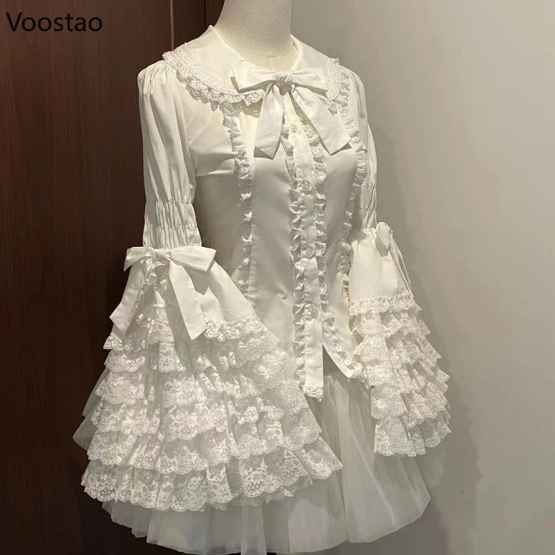 Victorian Vintage Lolita Style Shirts Women Gothic Y2k Bow Lace Ruffle