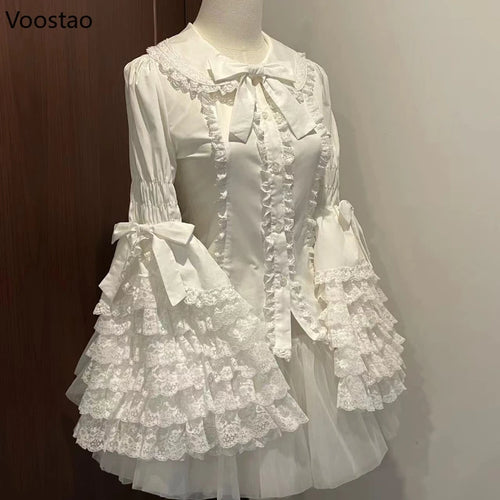 Victorian Vintage Lolita Style Shirts Women Gothic Y2k Bow Lace Ruffle