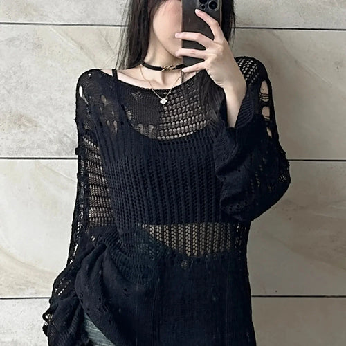 JOEVILU Hollow Knit Blouse Summer Loose Fitting Long Sleeve Thin