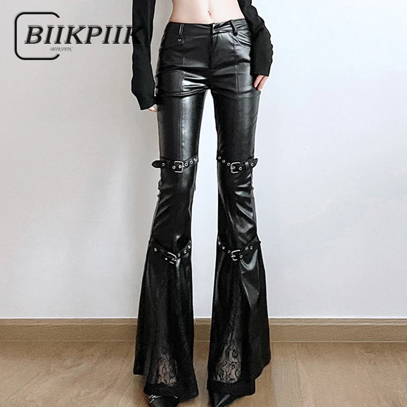 BIIKPIIK Sexy Lace Patchwork Leather Pants Gothic Belts Skinny PU