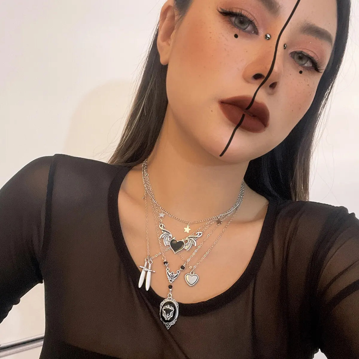 5Pcs/Set Goth Demon Wings Sword Black Heart Pendant Necklace for Women