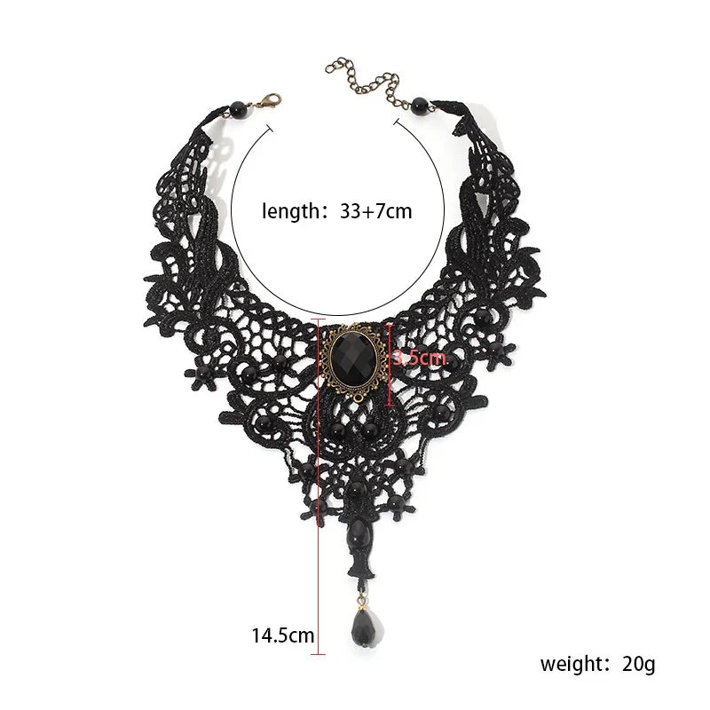 Fashion New Vintage Gemstone Black Lace Beads Choker Gothic Steampunk