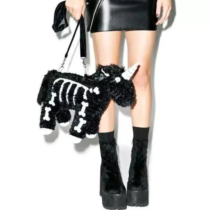 Dark Punk Unicorn Backpack Gothic Rock Pink Plush Flying Horse