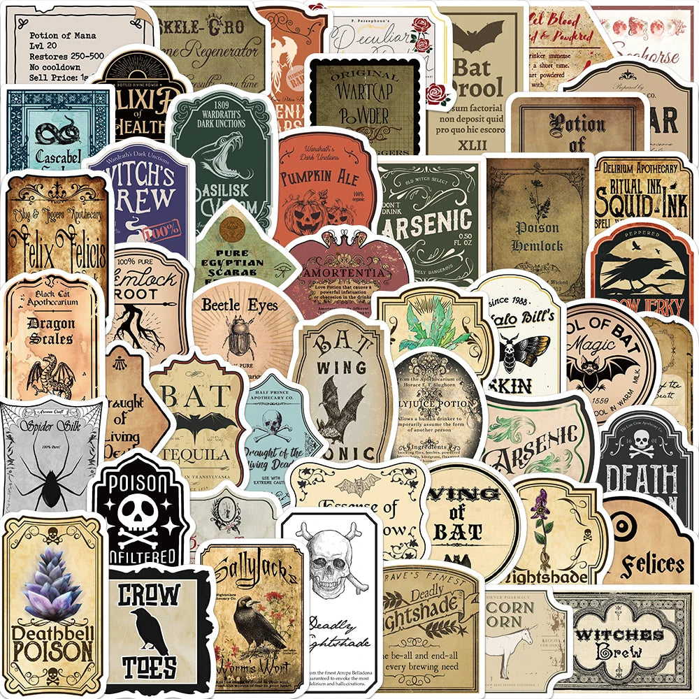 50PCS Halloween Retro Horror Gothic Witch Graffiti Potion Label
