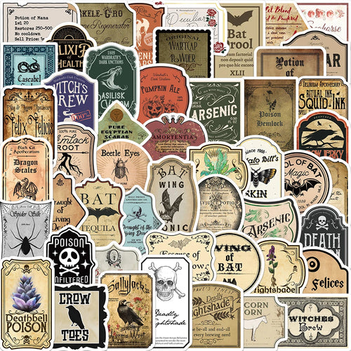 50PCS Halloween Retro Horror Gothic Witch Graffiti Potion Label