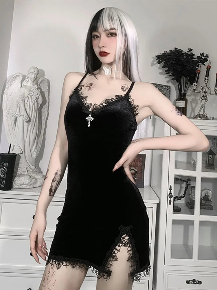 Dark Cross Black Mini Dress Vintage Sexy Spaghetti Strap High Waist
