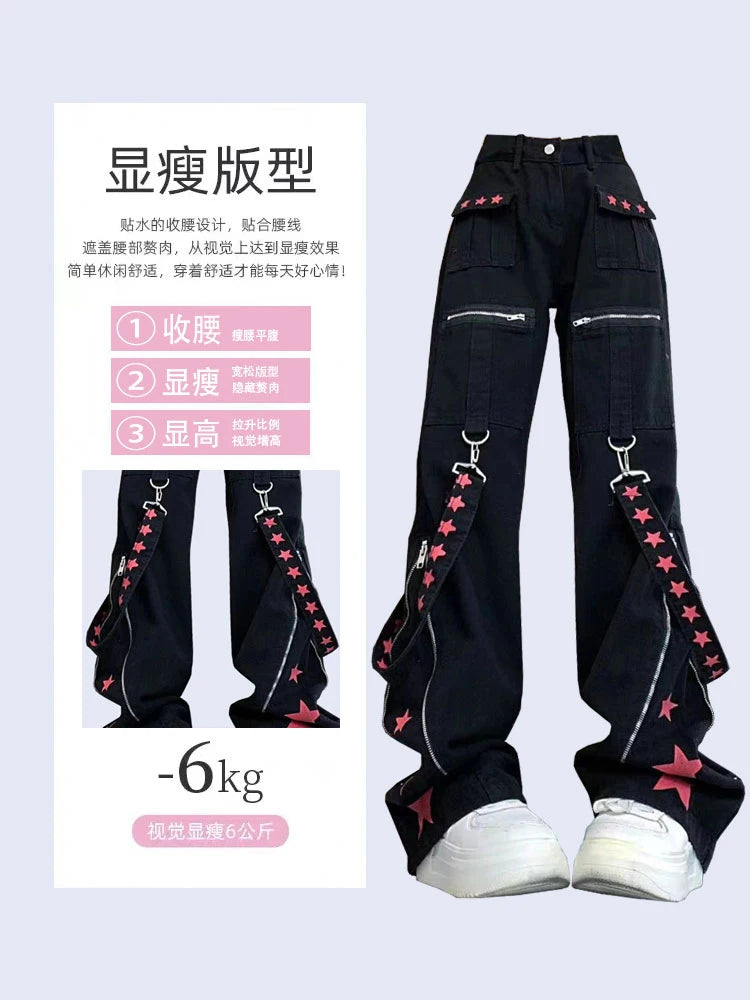 Women Black Gothic Baggy Cargo Jeans Harajuku Vintage Y2k Denim