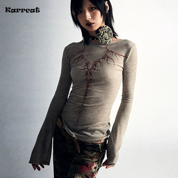 Karrcat Grunge Aesthetics Knitted Tops Vintage Tattoo Print T-shirt