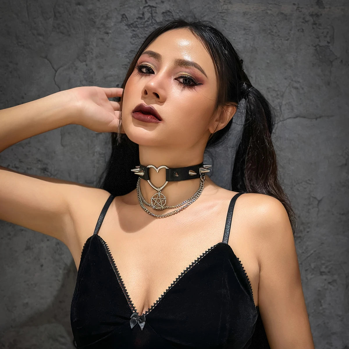 Salircon Fashion Harajuku Black PU Leather Choker Necklace Women's