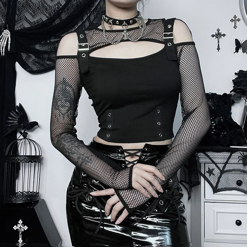Goth Dark Mall Gothic Fishnet Patchwork T-shirts Grunge Punk Hollow