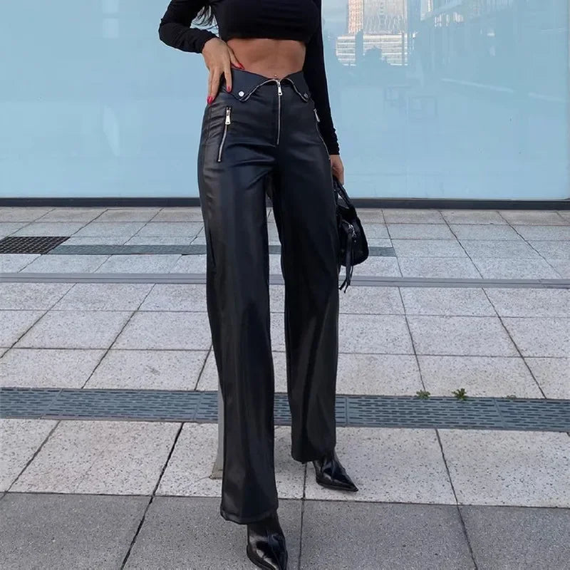 Candyhot PU Leather Zipper Slim Pants Y2K Casual Party Streetwear