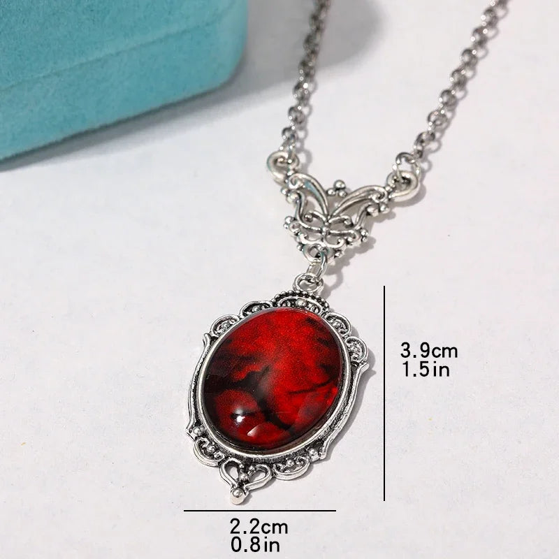 Gothic Blood Red Quartz Charm Necklace Oval Pendant Necklace For Women