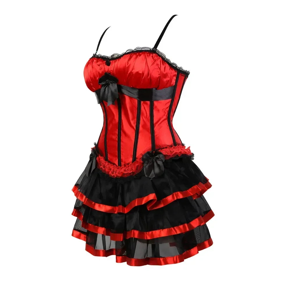 Victorian Red Satin Overbust Corset with Layered Tulle Skirt Women