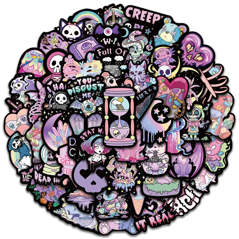 56pcs Creepy Cute Darkness Gothic Cartoon Skulls Stickers For Laptop