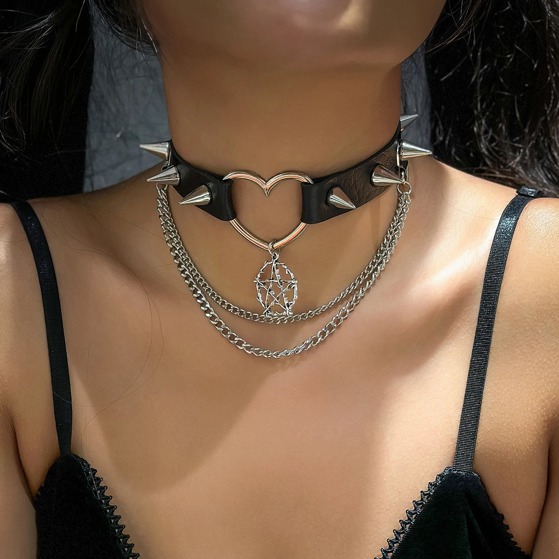 Salircon Fashion Harajuku Black PU Leather Choker Necklace Women's
