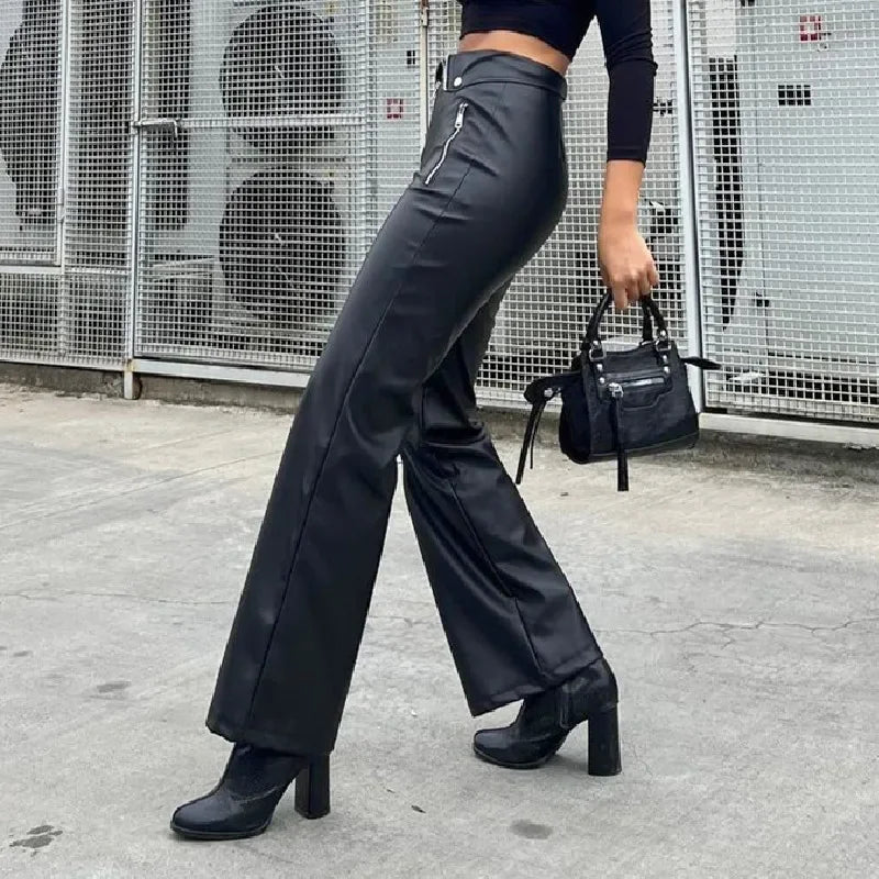 Candyhot PU Leather Zipper Slim Pants Y2K Casual Party Streetwear