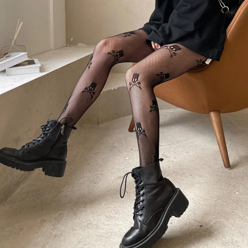 Skull Fishnet Stocking Women's Hollow Garter Bat Gothic Dark Mesh