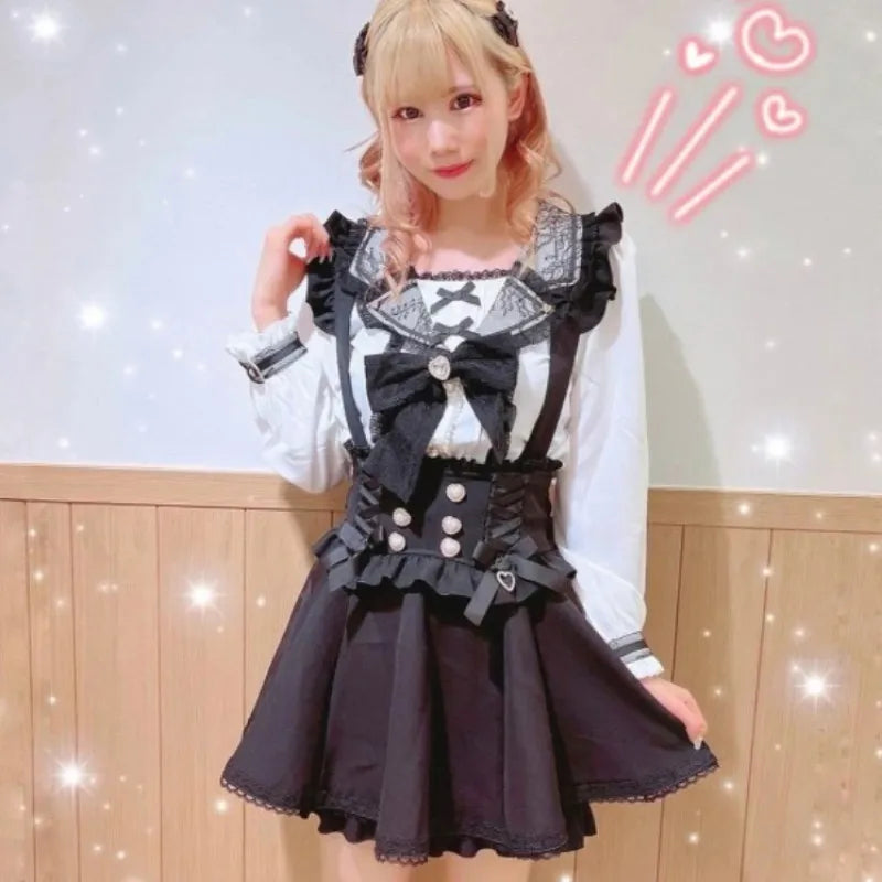 Japanese Gothic Lolita Ribbon Short Suspender plaid Skirt Girls Sweet