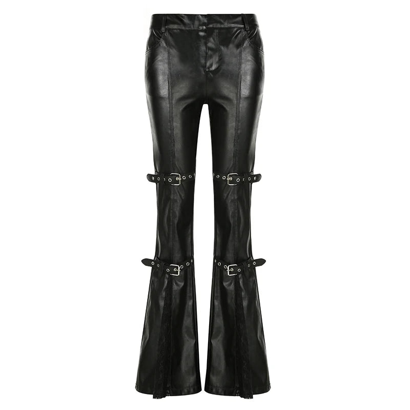 BIIKPIIK Sexy Lace Patchwork Leather Pants Gothic Belts Skinny PU