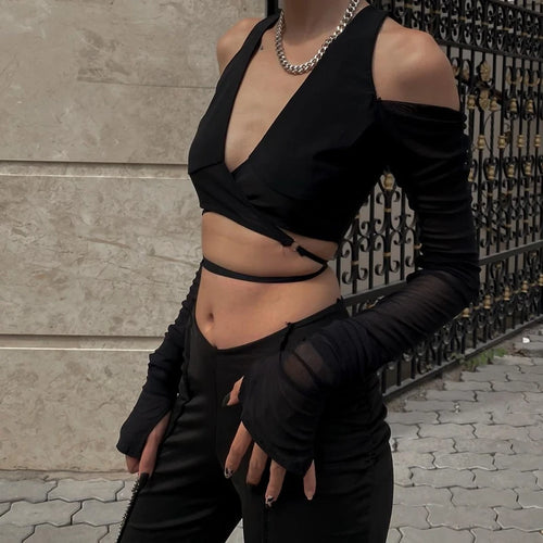 Candyhot Gothic Mesh Sheer Crop Tops Sexy Deep V-neck Off Shoulder T