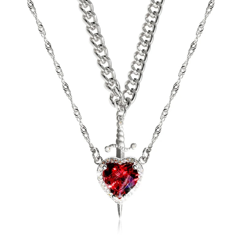 2PC Gothic Punk Sword Heart Creative Two Tone Couple Necklace Ladies