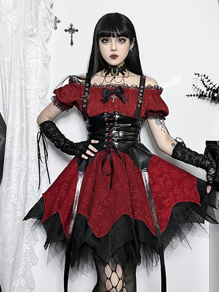 AltGoth Dark Gothic Dress Women High Waist Lace Patchwork Puff Sleeve