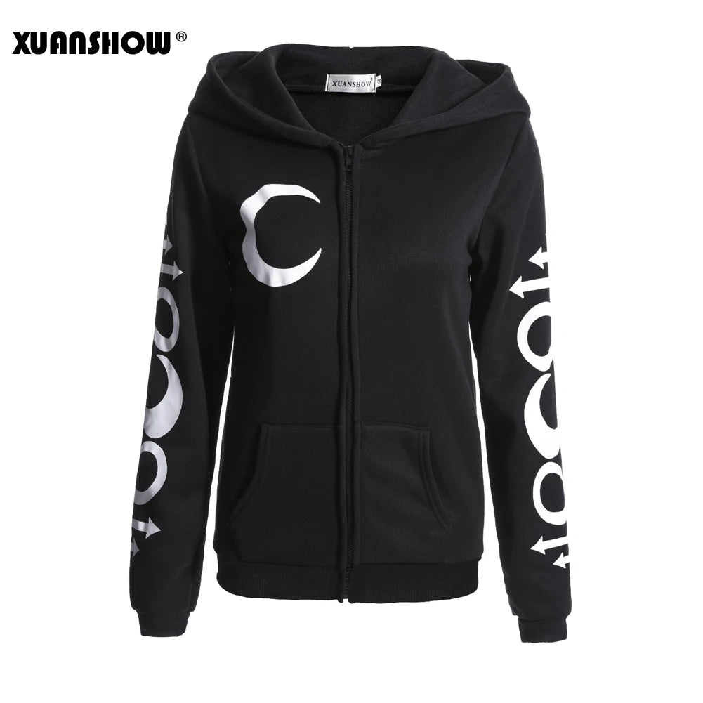 XUANSHOW Women Hoodies Sweatshirts Gothic Punk Moon Letters Print
