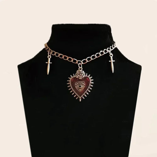 Goth Gothic Peach Heart Flower Sword Eye Cross Pendant Choker Chain