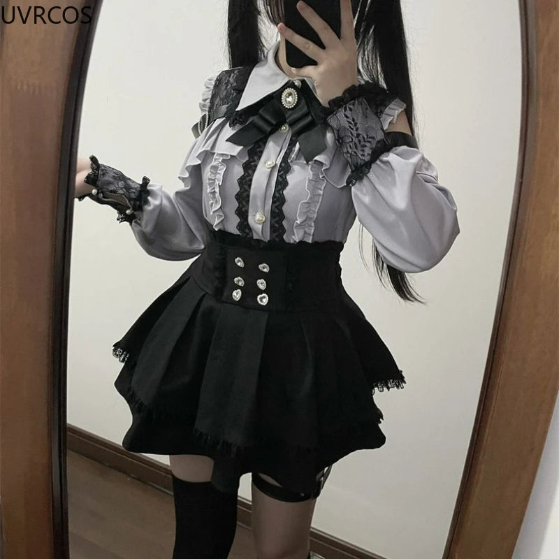 2024 Japanese Black Short Skirt Set Gothic Ruffle Mini Skirts Sexy