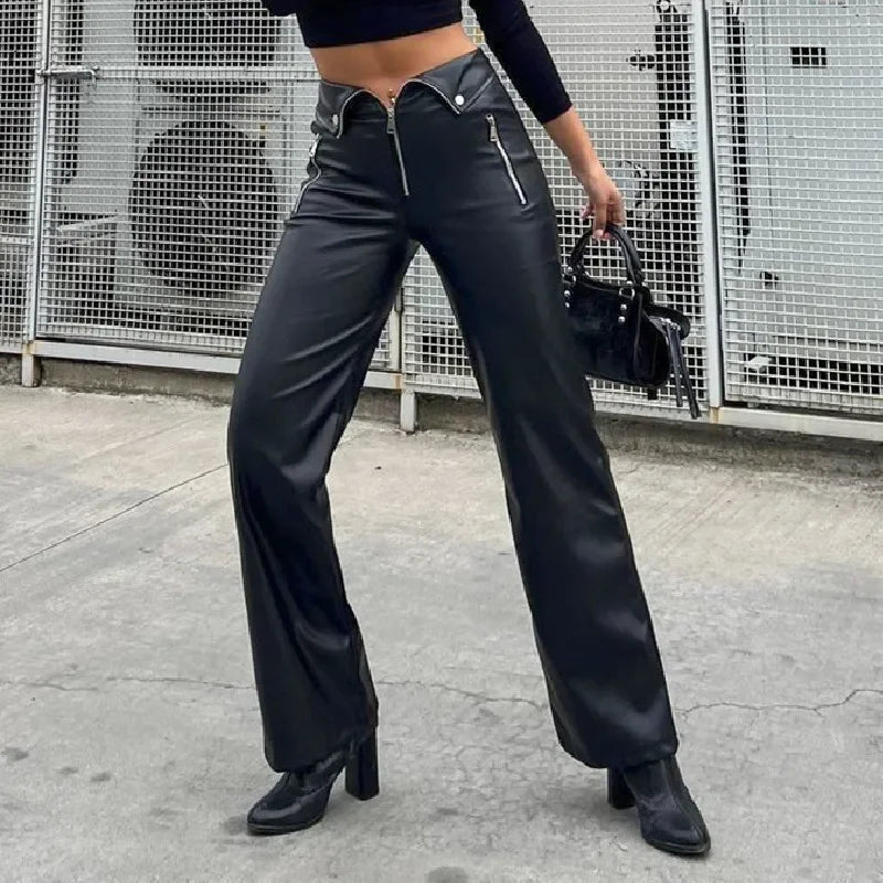 Candyhot PU Leather Zipper Slim Pants Y2K Casual Party Streetwear