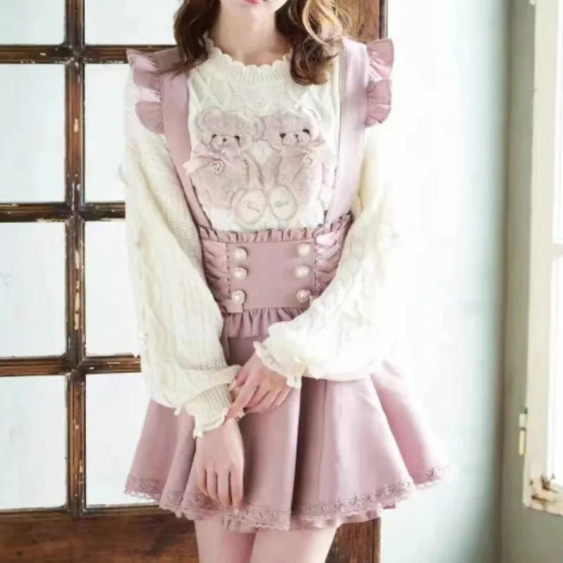 Japanese Gothic Lolita Ribbon Short Suspender plaid Skirt Girls Sweet